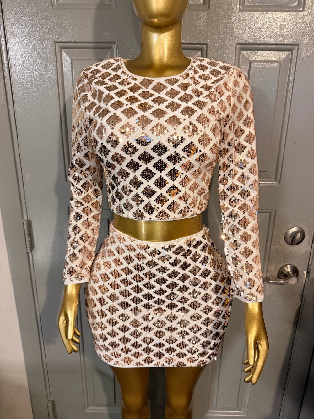 Crystal Doll White and Gold Sequin Lattice Mini Skirt Set